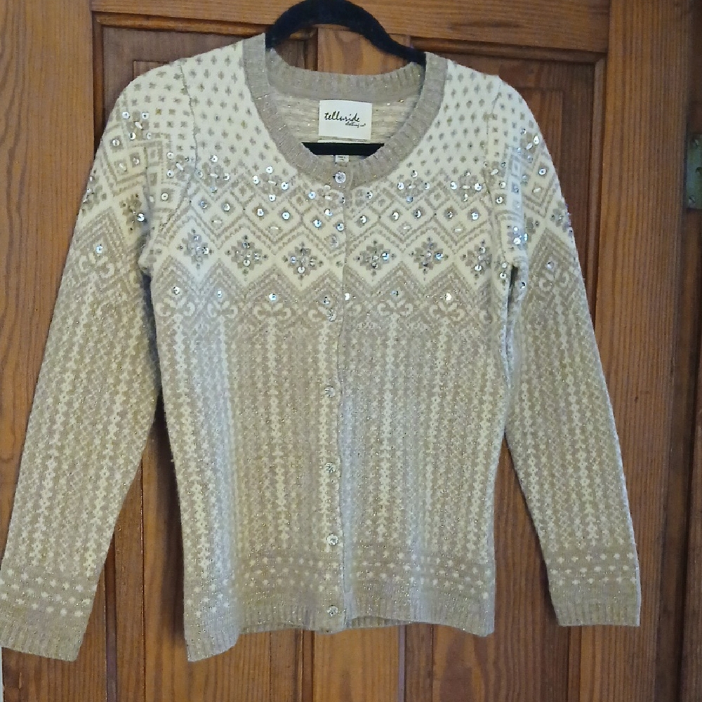 Telluride  Beige and Brown Patterned Cardigan With Emblishments